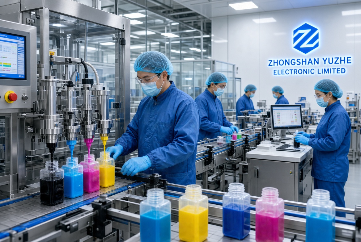 Illustration of cyan magenta yellow and black ink bottles on a filling line